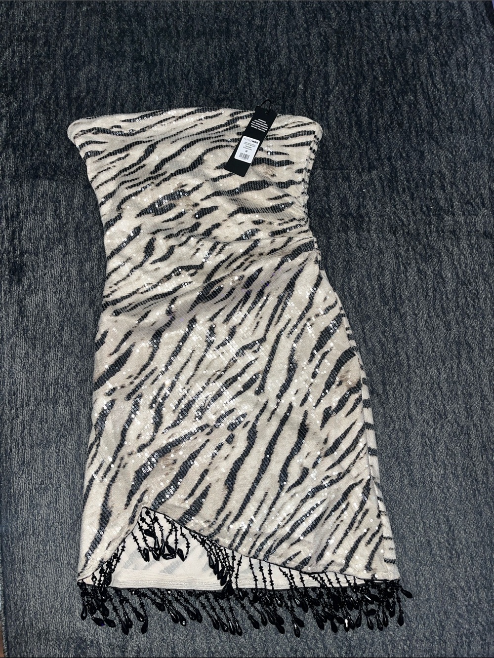 Fashion Nova Strapless Zebra Sequin Mini Dress in Cream & Black